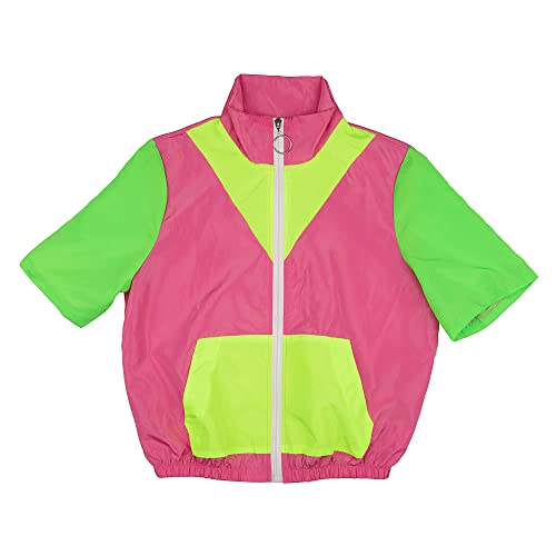 Voikerdr Women's Color Block Windbreaker 2 Piece Outfits Short Sleeve Zip Front Elastic Waist Tracksuit Set #TOP2
