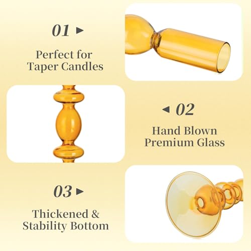 Hewory Glass Candlestick Holders: Light Amber Glass Taper Candle Holders Set of 3 Vintage Candle Stick Candle Holder, Colorful Glass Candle Holder for Table Centerpiece Wedding Dinner Party Home Decor