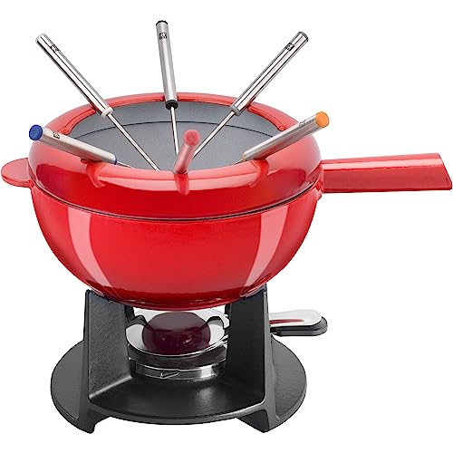 Zwilling 40201-002 Fondue Set - Cherry Enamel Cast Iron Pan, Swiss Fondue Set for Melted Cheese, 6 Stainless Steel Forks, Chocolate Melting Pot, Splash Protector, Suitable for All Hobs, Food Warmer