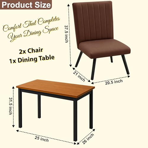 Image of Rosebell Set of 2 Dining Table Chairs with Wooden Top Table, Upholstered Cushioned Chairs, Modern Compact Dining Set for Home, Kitchen & Dining Room (Brown)