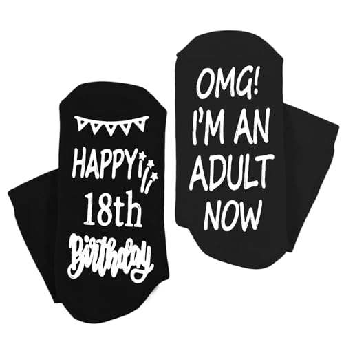 Prasacco Meias de presente de 18 anos engraçadas meias de algodão meias antiderrapantes com letras estampado de aniversário meias para meninos e meninas de 18 anos, Preto, Tamanho único