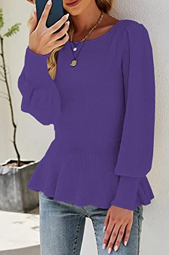 Image of Womens Fall Puff Sleeve Peplum Casual Slim Fit Knit Pullover Sweater Jumper Tops