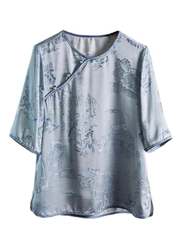 Chemise en soie jacquard femme bleue HangErFeng haut chic manches mi-longues 298