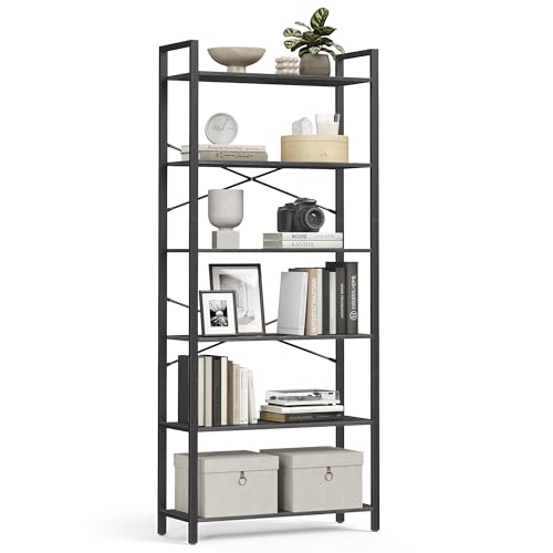 VASAGLE Regal, Bücherregal, Standregal, DVD-Regal, mit 6 Ebenen, Büroregal, offene Ablagen, für Büro, Wohnzimmer, Schlafzimmer, Küche, 30 x 78 x 185,5 cm, ebenholzschwarz-tintenschwarz LLS082B56