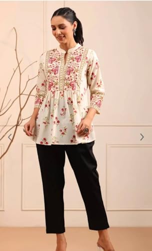 Image of Womens Cotton Printed Anarkali Short Top Kurti