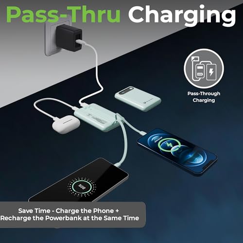 Image of UltraProlink Power Bank 10000mah Fast Charging|16.8mm Slim|22.5W QC-PD-PPS Fast Charging Battery Bank|with USB-C & iPhone Cable|Digital Display|Power Bank for Tablets & Smartphones| Green |UM1127
