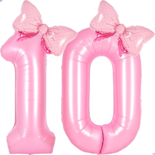 Pink 10 balloon number Pink Birthday Decorations for Girls Bow Balloon Foil Mylar Large 40 10 Birthday Balloon for Girls Bow Butterfly Coquette 10th Birthday Party Decorations(Number 10 balloons)