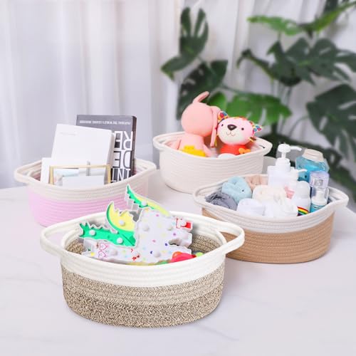 Image of ABenkle Small Basket with Handles, Boho Decorative Rope Woven Dog Cat Toy Storage Bin Shelf Storage Organizer, Easter Christmas Gift Basket, 12 inchx8 inchx5 inch