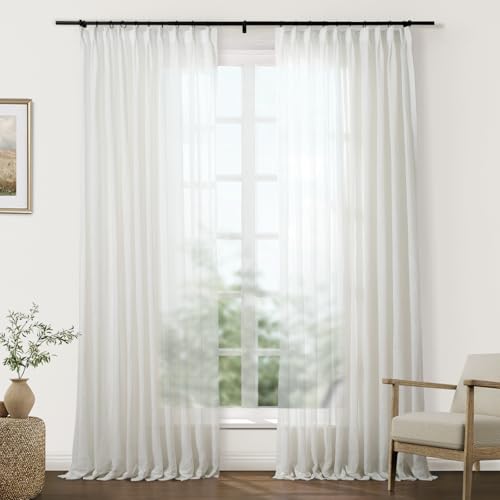 TWOPAGES Sheer Linen Textured Curtains 96 Inches Long Natural Pinch
