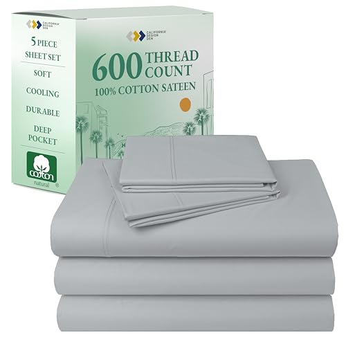 California Design Den Split King Sheet Set - 100% Cotton, 600 Thread Count, Breathable Luxury King Size Sheets for Adjustable Bed, Luxury Hotel-Quality Sheets with Soft Sateen Weave - Light Grey