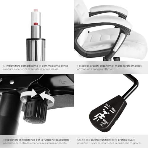 ® Sedia Ufficio, Imbottitura 12 cm, Sedia scrivania con Poggiatesta e Braccioli, Base con Rotelle, Sedia ergonomica con altezza regolabile, Inclinazione Continua, Poltrona Ufficio - Bianco - Sedia gaming - Immagine 5