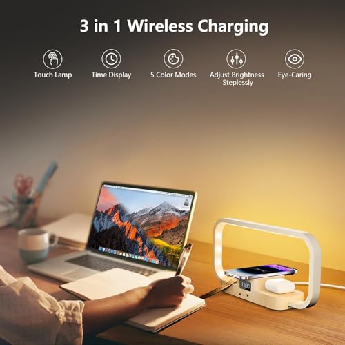 ワイヤレス充電器付きLEDベッドサイドランプ、3イン1タッチコントロールテーブルランプ、時計付き、調光可能なナイトスタンドランプ、5つのカラーモード、モダンなベッドルームデスクランプ、女性と男性へのギフト、木製、アダプター付き