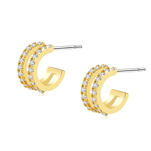 Image of Obidos 14K Gold Plated Double Huggie Hoop Earrings for One Hole | Illusion Stud Earrings for Women
