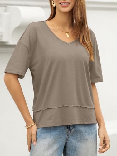 Image of UNCLECAT Womens V Neck T Shirts Summer Trendy Loose Fit Casual Tops Tees | Short sleeve, Spliced hem, Flowy graphic tees,Solid color cute basic t-shirts