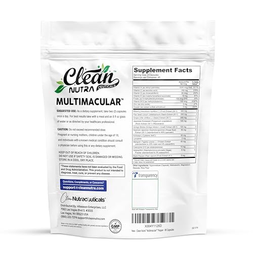 Image of Clean Nutra Multimacular Bilberry+ Lutein Zeaxanthin Lycopene Resveratrol with Flax Seed Grape Japanese Knotweed Ginkgo Biloba Sophora Japonica Coenzyme Copper Zinc Marigold Black Pepper 90 Capsules