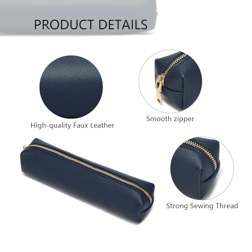 Image of Faux Leather Color Pencil Case Multifuncional and Simple with Zipper for School (Navy Blue)