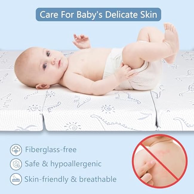 Mochen Trifold Pack and Play Mattress 38x26 Memory Foam Pack n Play Mattresses with Removable Dinosaurs Cover & Carry Bag, Portable Travel Mattress for Pack N Play Playpen Playard