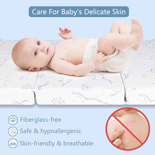 Image of Mochen Trifold Pack and Play Mattress 38 inchx 26 inch, Dual-Sided Memory Foam Pack n Play Mattresses Pad with Removable Dinosaurs Cover & Carry Bag, Portable Travel Mattress for Pack N Play