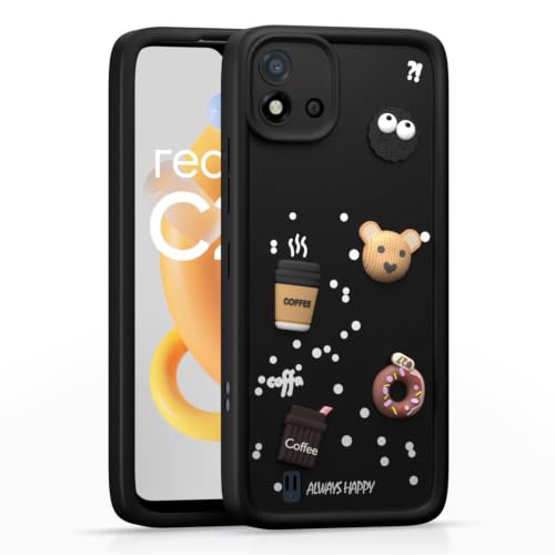 Image of Bintage Cute Fun Ball | Taddy Cartoon 3D Smiley Coffee Cup | Milk Donut | Full Protection Rubber Back Cover Compatible for Realme RMX3063 / Realme C20 - Black