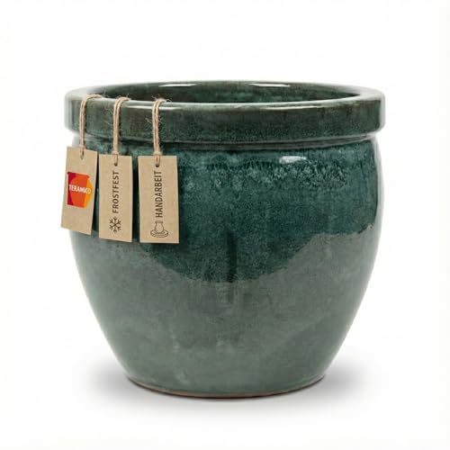 Pflanzgefäß Steinzeug 100% Frostfest | Keramik Blumentopf Außen & Innen (Verschiedene Größen) | Massiver Pflanzkübel mit Drainage-Loch | Premium, stilvoll (Moos Grün, 29cm x 23cm)