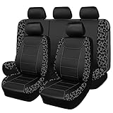 Flying Banner car seat Covers Protects Gray Leopard Printing Velvet Faux Leather Carbon Fiber Front and Rear Bench Full Set (Leopard Gray Black, Full Set - 8PCS)