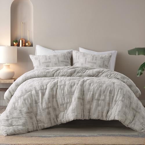 Image of Ink+Ivy King Comforter Set Jacquard Weave Cotton Comforters King Bedding Set, All Season Lightweight & Breathable Cotton King Size Comforters, Cairo, King /Cal King, Ivory 3 Piece