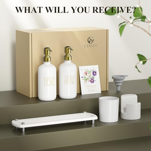 Image of Cisily Kitchen Soap Dispenser Set Comes with Ceramics Sponge Holder, Gold Pumps, and Instant Dry Tray, Hand and Dish Soap Dispenser Set (5, Gold + White + Brush Holder + Sponge Holder)