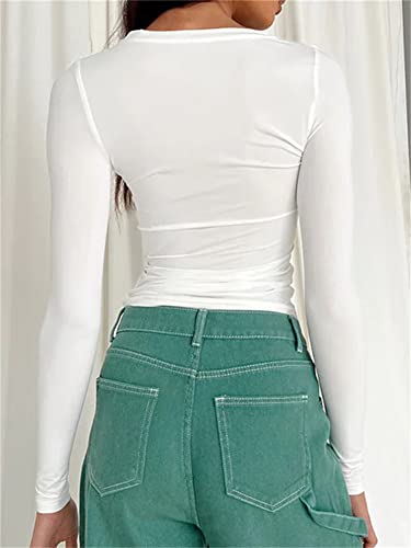 Missactiver Women Workout Crewneck Long Sleeve Yoga Basic T-Shirt Casual Athletic Stretch Slim Fit Solid Tee Shirt Tops White #TOP2