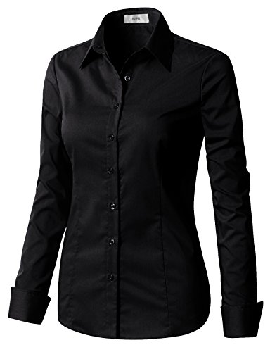 EZEN Womens Simple Solid Long Sleeve Button Down Dress Shirt Black Large