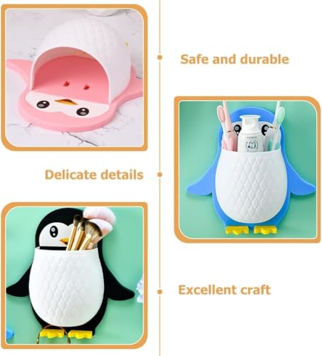 Image of UCRAVO PACK OF 1 Penguin Wall Mounted Toothbrush Holder-MULTI Self-Adhesive Multi-Purpose Storage Rack for Makeup Tools, Pens, Kitchen Utensils, and Bathroom Essentials No Drilling Required, Plastic
