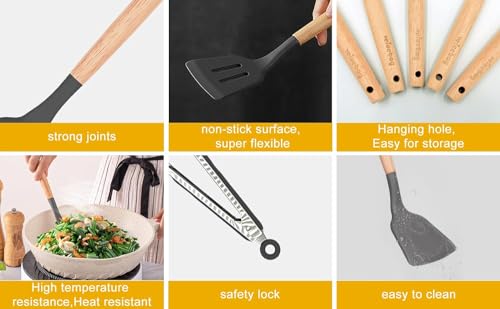 Image of Barebeauty 12 Pcs Silicone Kitchen Utensils Set with Holder Heat Resistant Silicone Spatula | Turner Set Wooden Spoons Kitchen Tools | Cooking Utensils for Nonstick Cookware (Grey)
