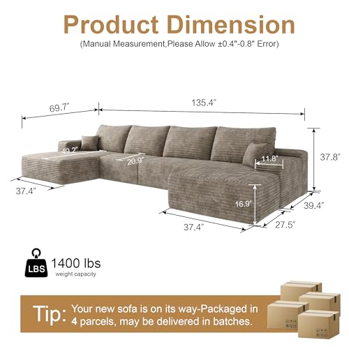 Image of 96 inch Sectional Couches for Living Room Cloud Couch Sofa with L-Shape Upholstered Boneless Couchs Modern Modular Sectional Couch with Chaise