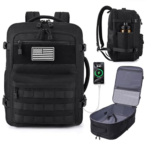 Black tactical backpack with USB charging port, water bottle holder, and American flag patch, ideal for modern travel and outdoor adventures.