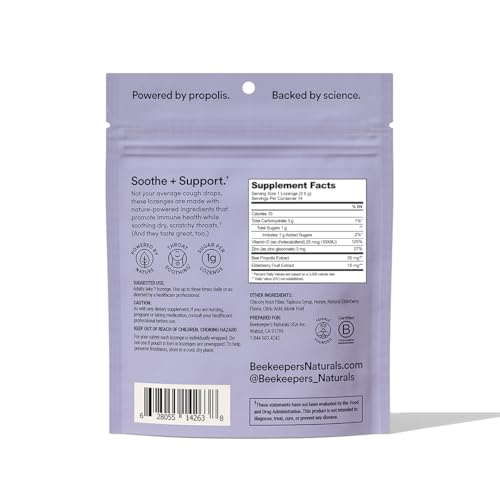 Image of Beekeeper's Naturals Soothing Honey Elderberry Cough Drops Immune Support with Vitamin D, Zinc and Propolis Throat Soothing Lozenges, 14 Ct