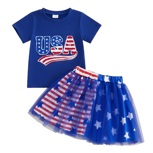 Image of Kayotuas Toddler Baby Girl 4th of July Outfit American Flag Shirt Red Blue Stars Tulle Tutu Skirts Kids Fourth of July Dress