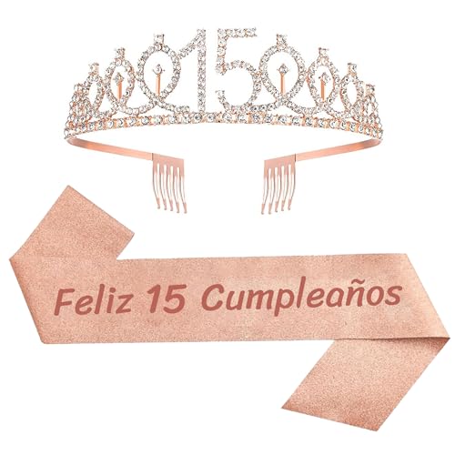 Feliz 15 Aniversário Faixa de Cetim Ouro Rosa Feliz Aniversário Faixa de Aniversário 15º Diadema Tiara Cristal Aniversário Faixa Banda de Cetim Aniversário Faixa Decoração Presentes para Aniversário