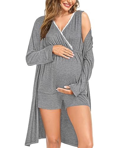 Image of SWOMOG Maternity Robe for Hospital Nursing Tops and Pajama Shorts Post Partum Lounge Sets for Women Hospital Bag Must Haves