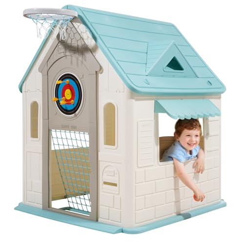 VEVOR Outdoor Playhouse, 5-In-1 Cottage Play House with Pretend Play, Basketball, Darts, Soccer, Ring Toss, Window & Convenient Door, Toddler Slide Set for Aged 2+, Smooth Edges, Polypropylene Plastic