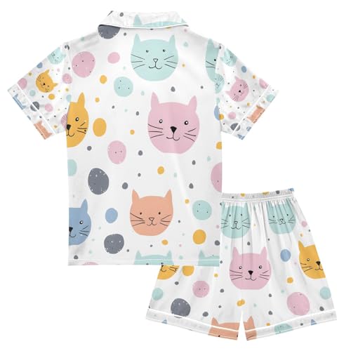 senya Cartoon Cat Color A Satin Summer Pajama Sets Silk Short Sleeve Button Down Sleepwear2