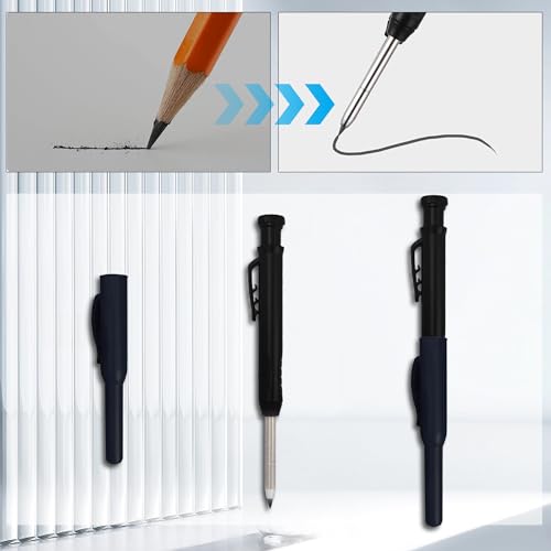 Tischler Bleistifte Set, 2 Solide Zimmermannsbleistifte mit 24 Bleistiftmine, Tieflochmarker Bleistift mit Eingebauter Spitzer für Bohrlochmarker auf Holz, Metall, Betonfliesen (Schwarz)