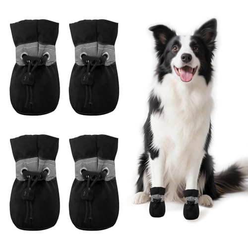 4 PCS Hundeschuhe Sommer, Hundeschuhe Pfotenschutz, Pfotenschutz für Hunde, Ausgestattet mit Reflektierendem Band, Geeignet für Den Lnnen- und Außenbereich, Atmungsaktiv und Verschleißfest/Schwarz 6