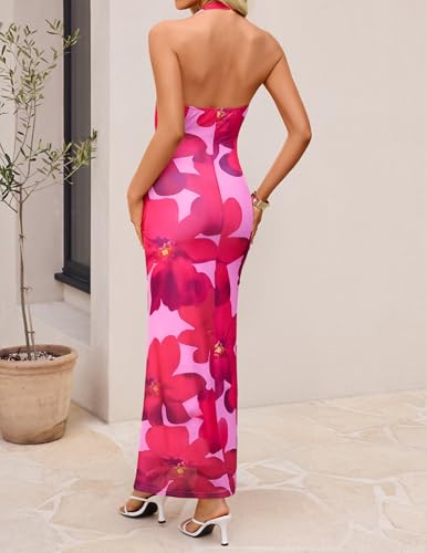 Image of ZESICA Women's Summer Floral Halter Neck Sleeveless Maxi Dress