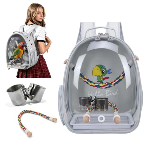PETCUTE Bolsa de Transporte para Pájaros, Transparente, Transpirable, Mochila para Pájaros con Percha y Bandeja, Espaciosa, Ideal para Viajes en Tren, Automóvil, Restaurante o Avión (Gris)