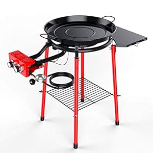 GRISUN Paella Pan Set with Paella Burner, 22 Inch Enameled Steel Paella Pan with Side Shelf, 4 Reinforced Legs with Bottom Shelf, Paella Burner with Regulator Hose and Igniter (16 Servings)