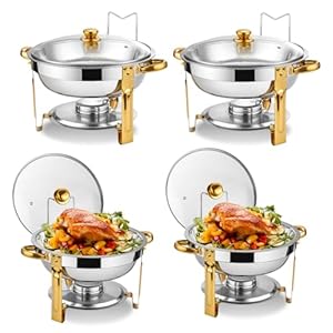 Chafing Dish Buffet Set 4 Pack, 5QT Round Chafing Dishes for Buffet with Glass Lid & Lid Holder, Stainless Steel Chafers and Buffet Warmers Sets for Catering, Parties and Weddings, Gold