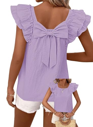 TUUHAW Ladies Tops UK Summer Clothes Plus Size Round Neck Going Out Chiffon Shirts Ruffle Short Sleeve Babydoll Blouse with Bow Tie Y2K Tunic Party Outfit Cute Casual Clothing Loose Fit Purple XXL
