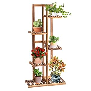 KOMFOTTEU Bloementrap met 5 verdiepingen, plantentrap van hout, plantenrek met meerdere verdiepingen, plantenstandaard met kantelbeveiliging, plantenladder met grote inhoud voor balkon, tuin, bruin