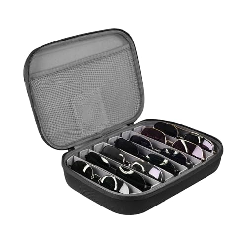 Image of JSVER Hard Shell Sunglasses Case, Portable Sunglasses Organizer With Adjustable Slots, Black and Gray Checkered EVA and Velvet Material, Holds Up to 7 Pairs