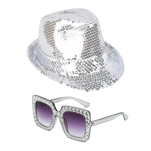 SLAXJNE Chapeau À Paillettes et Lunettes - Décoration De Fête De Bal Disco Pour Femmes Et Hommes