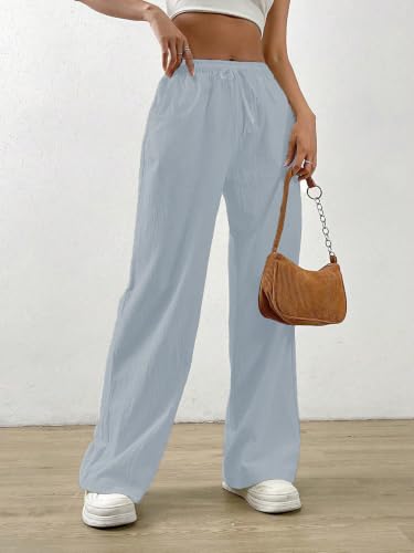 Image of TOPLOT Women's Linen Blend Wide Leg Palazzo Pants | Elastic Drawstring Waist Trousers for Woman | Relaxed Fit Casual Lounge Trousers | Breathable Straight Leg Everyday Bottom Wear (5268)